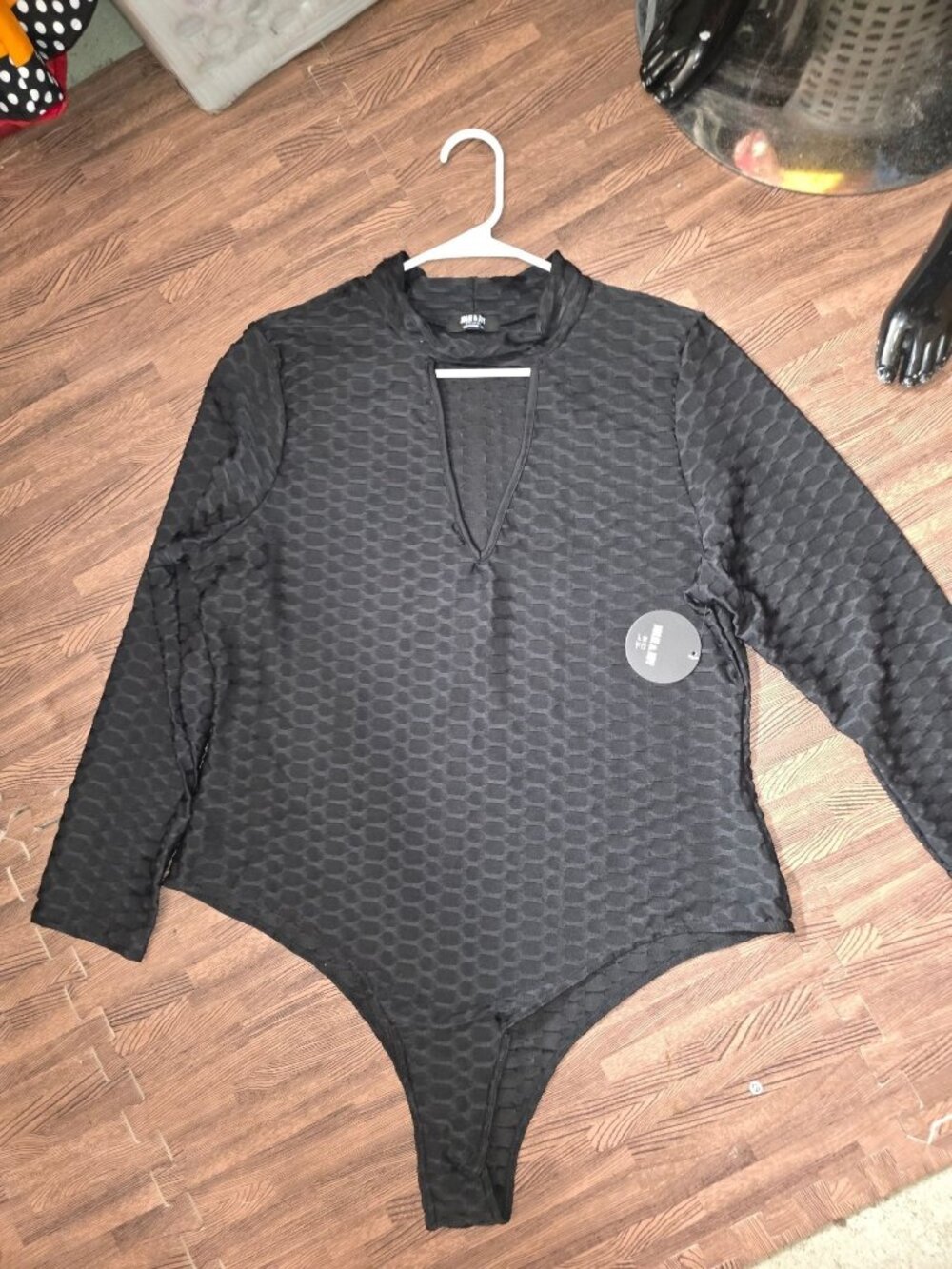 Jolie & Joy Black Long Sleeve Textured Bodysuit With High Neckline & Keyhole Det